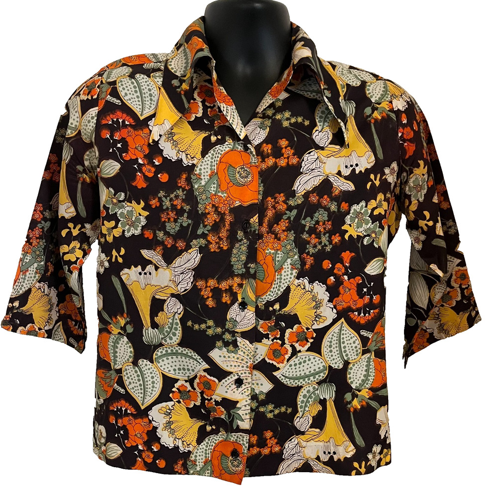 Vintage 70s Fall Floral Handmade OOAK Dagger Collar Top Autumn Abstract Boho M